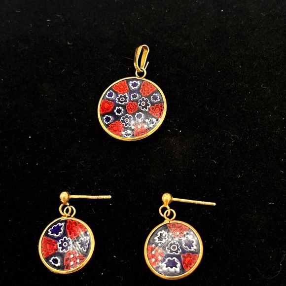 Murano Glass Millefiori Set Pendant & Earrings Pierced 24kt Gold Italy Red Blue - Picture 2 of 12